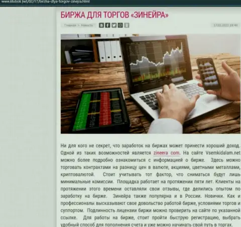 Информационная статья на онлайн-ресурсе klubok net о биржевой компании Зинеера