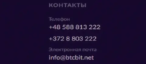 Телефон и электронный адрес online обменки BTCBit Net