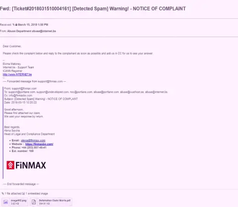 Подобная жалоба на официальный сервис FinMax поступила и регистратору доменного имени сайта